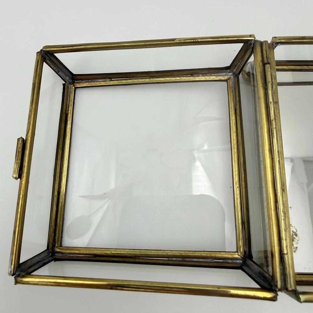 Mirrored Glass Jewelry Box Brass Trinket Etched Flower Lid Storage Display 4x4x2